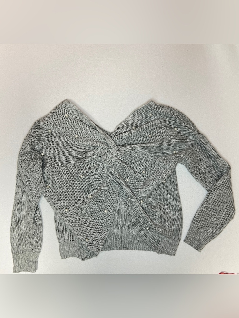 Gray Twist Back Pearl Knit Sweater Medium Cozy Cottagecore Coquette Pullover